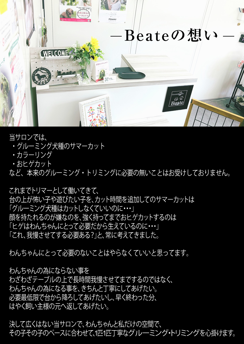 想い｜岡崎市でドッグサロン・トリミングなら「Beate（ベアテ）」にお任せください