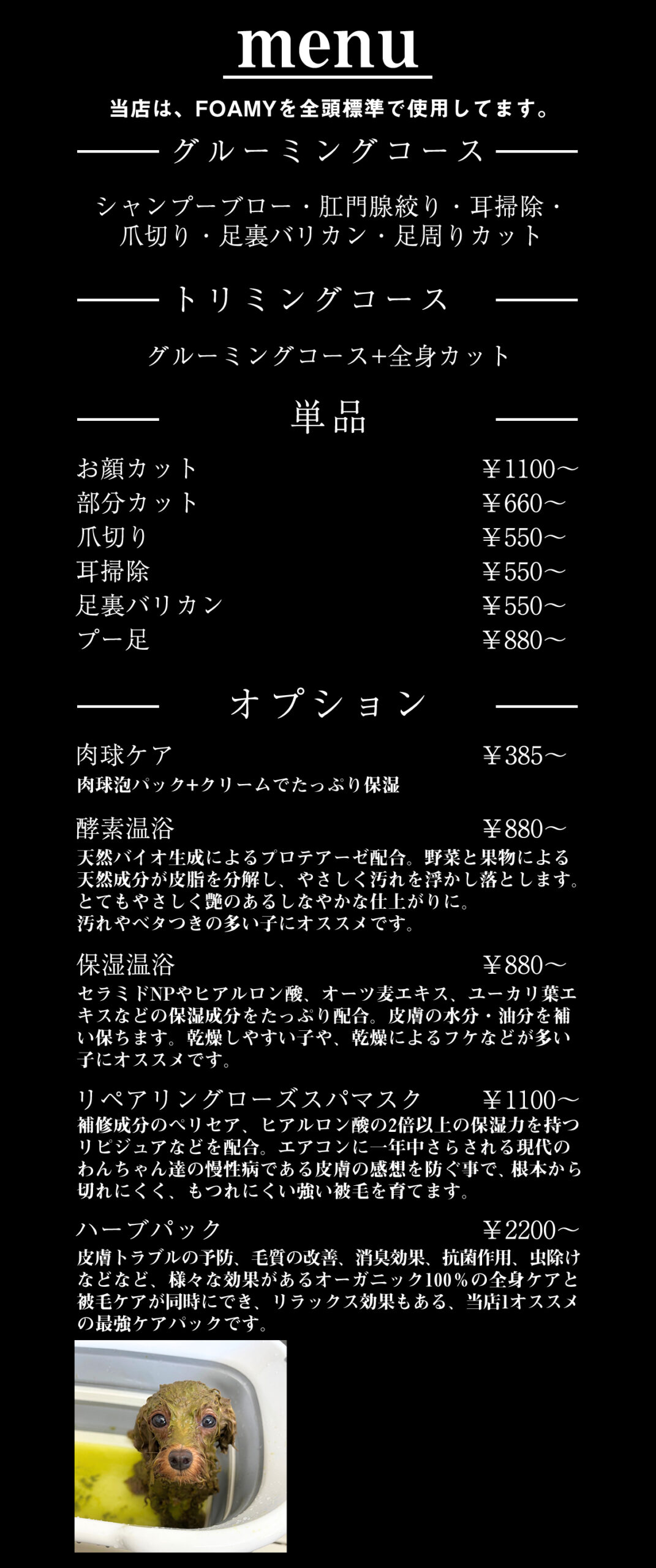 メニュー｜岡崎市でドッグサロン・トリミングなら「Beate（ベアテ）」にお任せください